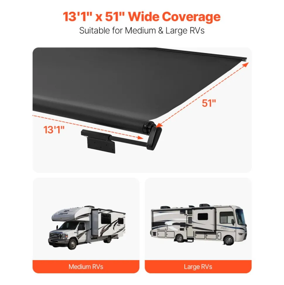 VEVOR Camper Awning Fabric Replacement, 1" to 13', Weatherproof Durable Slide Topper Awning with Bracket, Heavy Duty Slide Topper Awning with Stainless Steel Material, Fit for RV & Motorhome(Black)