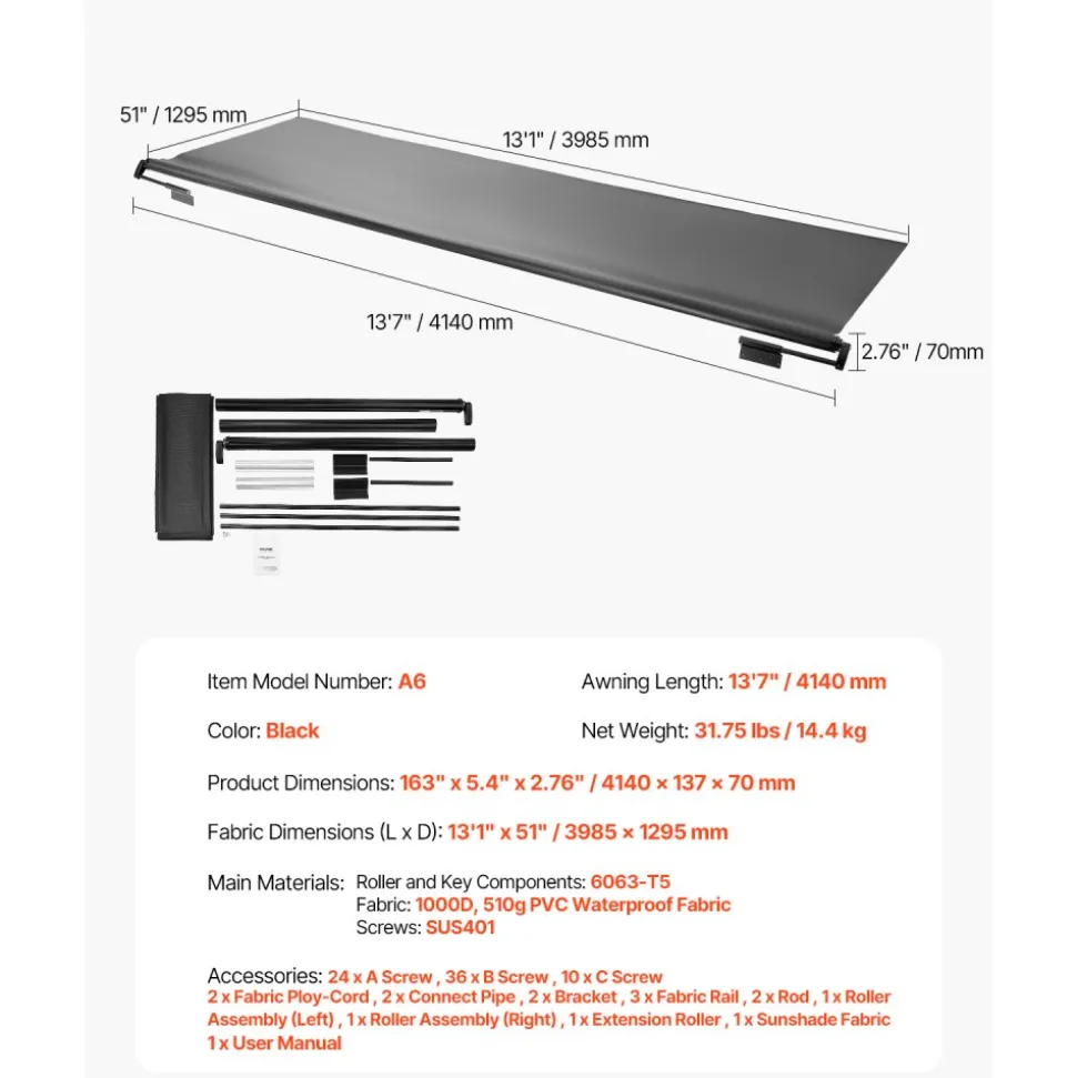 VEVOR Camper Awning Fabric Replacement, 1" to 13', Weatherproof Durable Slide Topper Awning with Bracket, Heavy Duty Slide Topper Awning with Stainless Steel Material, Fit for RV & Motorhome(Black)