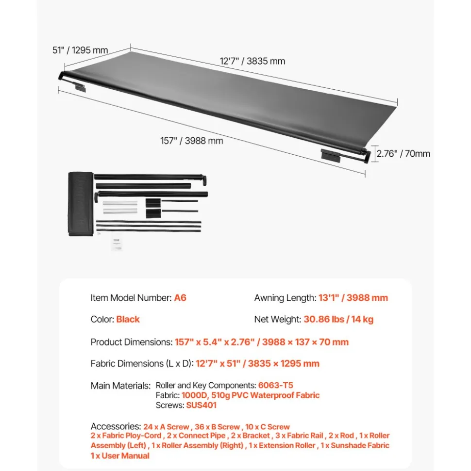 VEVOR Camper Awning Fabric Replacement, 7" to 12', Weatherproof Durable Slide Topper Awning with Bracket, Heavy Duty Slide Topper Awning with Stainless Steel Material, Fit for RV & Motorhome(Black)