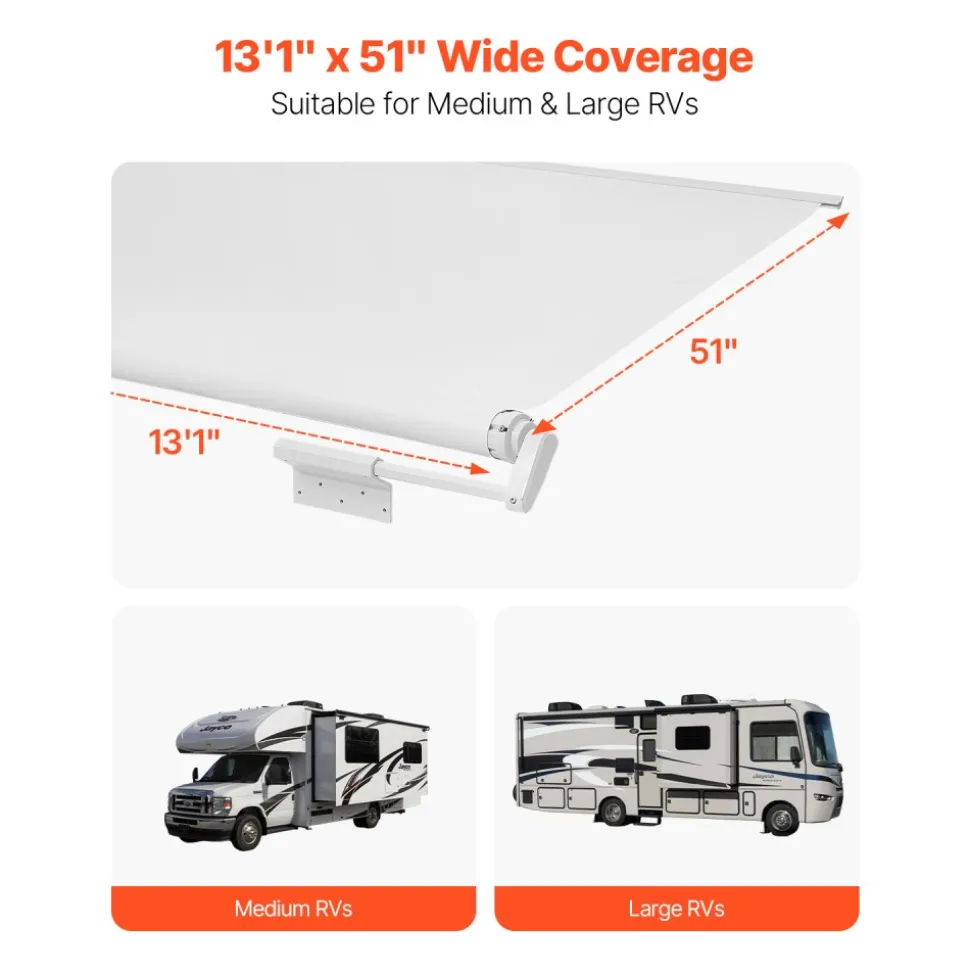 VEVOR Camper Awning Fabric Replacement, 1" to 13', Weatherproof Durable Slide Topper Awning with Bracket, Heavy Duty Slide Topper Awning with Stainless Steel Material, Fit for RV & Motorhome(White)
