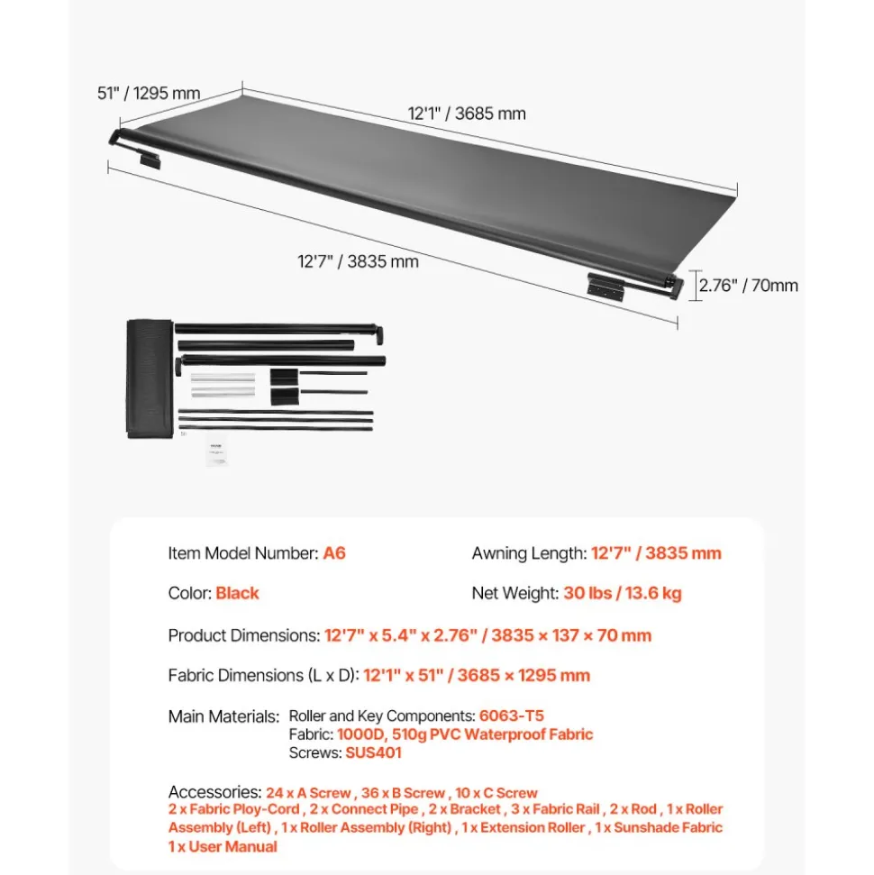 VEVOR Camper Awning Fabric Replacement, 1" to 12', Weatherproof Durable Slide Topper Awning with Bracket, Heavy Duty Slide Topper Awning with Stainless Steel Material, Fit for RV & Motorhome(Black)
