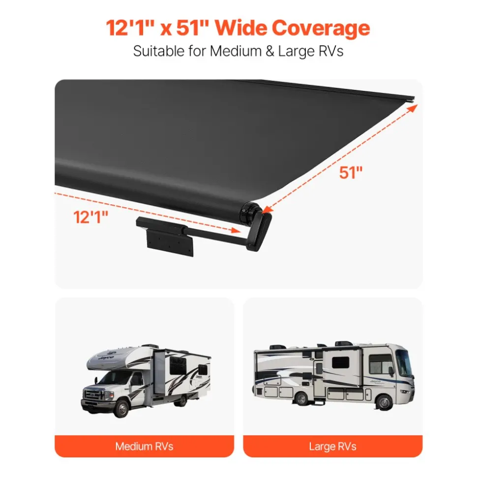 VEVOR Camper Awning Fabric Replacement, 1" to 12', Weatherproof Durable Slide Topper Awning with Bracket, Heavy Duty Slide Topper Awning with Stainless Steel Material, Fit for RV & Motorhome(Black)