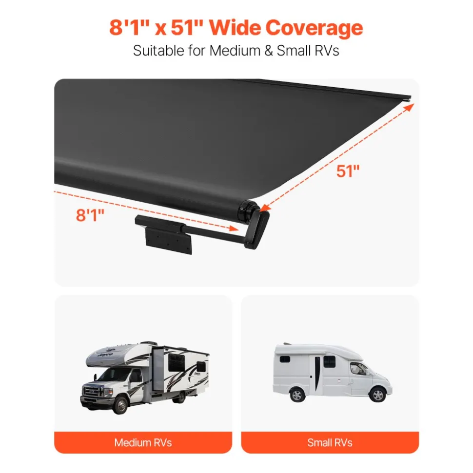 VEVOR Camper Awning Fabric Replacement, 1" to 8', Weatherproof Durable Slide Topper Awning with Bracket, Heavy Duty Slide Topper Awning with Stainless Steel Material, Fit for RV & Motorhome(Black)