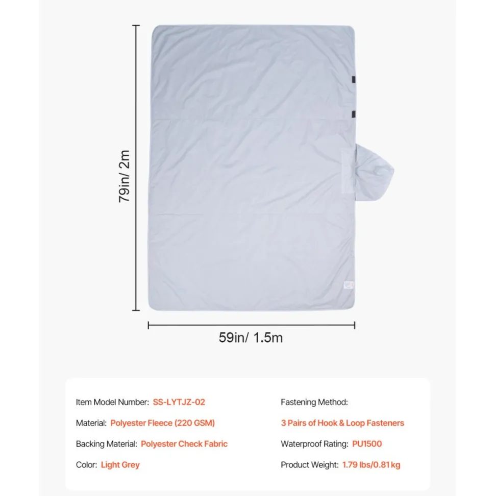 VEVOR Camping Blanket, Large Warm Wearable Stadium Blanket, Waterproof & Windproof, Polyester Fleece, Flame Retardant, Great for Outdoors, Picnics, Hiking, Sports Events, Travel, 79" x 59", Light Grey