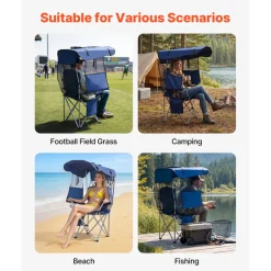 VEVOR Camping Chair with Canopy Shade, Folding Beach Chair with Canopy & Magazine Pocket, 2 Cup Holders, 330 lbs Heavy Duty Support, Carry Bags for Outdoor, Camp, Fishing, Tailgates, Deep Blue