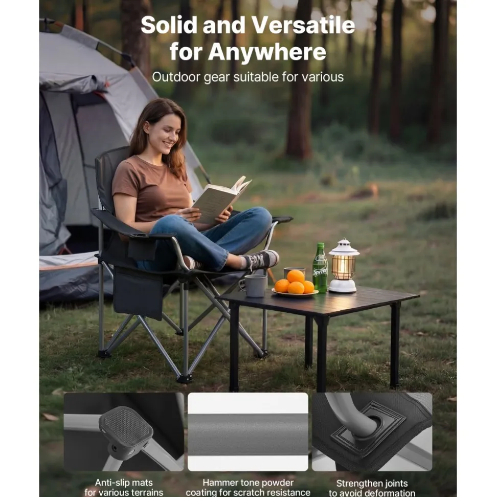 VEVOR Camping Folding Chair for Adults, Portable Heavy Duty Outdoor Quad Lumbar Back Padded Arm Chairs with Side Pockets, Cup Holder and Cooler Bag for Beach, Lawn, Picnic, Fishing, Backpacking, Black