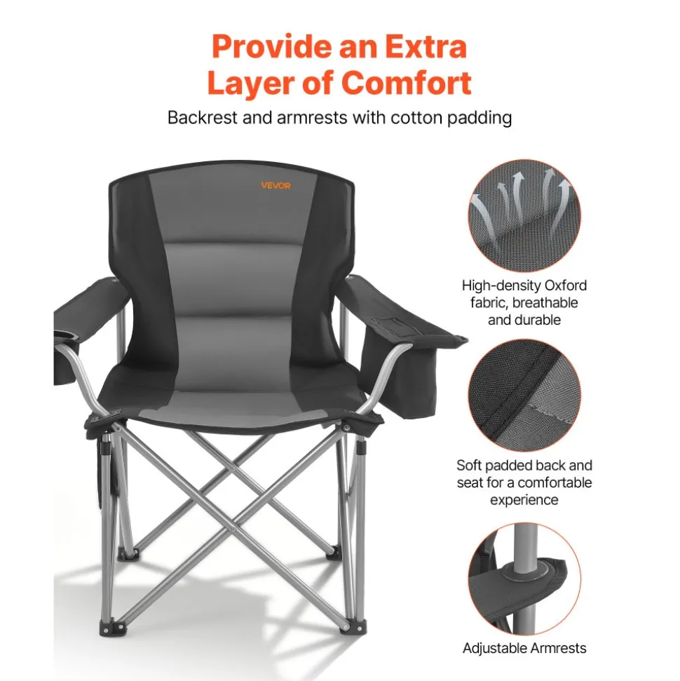 VEVOR Camping Folding Chair for Adults, Portable Heavy Duty Outdoor Quad Lumbar Back Padded Arm Chairs with Side Pockets, Cup Holder and Cooler Bag for Beach, Lawn, Picnic, Fishing, Backpacking, Black