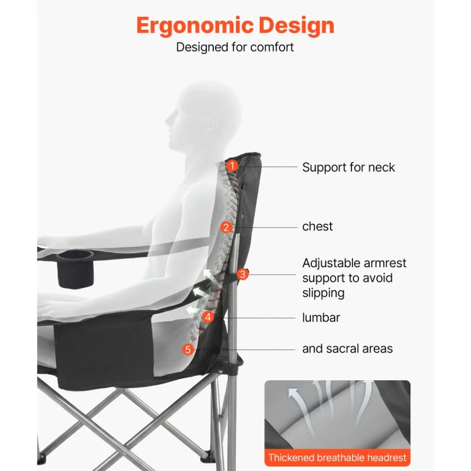 VEVOR Camping Folding Chair for Adults, Portable Heavy Duty Outdoor Quad Lumbar Back Padded Arm Chairs with Side Pockets, Cup Holder and Cooler Bag for Beach, Lawn, Picnic, Fishing, Backpacking, Black