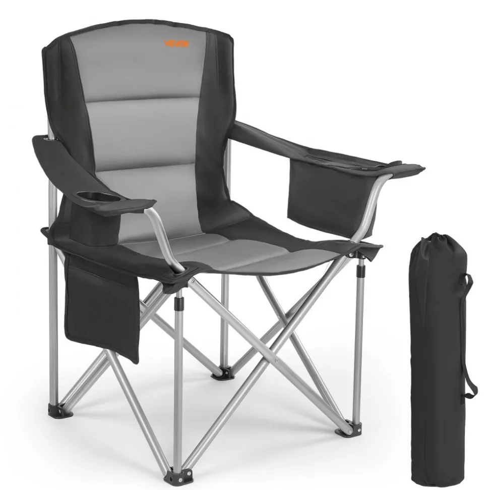 VEVOR Camping Folding Chair for Adults, Portable Heavy Duty Outdoor Quad Lumbar Back Padded Arm Chairs with Side Pockets, Cup Holder and Cooler Bag for Beach, Lawn, Picnic, Fishing, Backpacking, Black