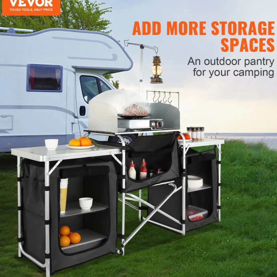 VEVOR Camping Kitchen Table, Folding Outdoor Cooking Table with Storage Carrying Bag, Aluminum Cook Station 3 Cupboard & Detachable Windscreen, Quick Set-up for Picnics, BBQ, RV Traveling, Black