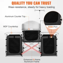 VEVOR Camping Kitchen Table, Folding Outdoor Cooking Table with Storage Carrying Bag, Aluminum Cook Station 3 Cupboard & Detachable Windscreen, Quick Set-up for Picnics, BBQ, RV Traveling, Black