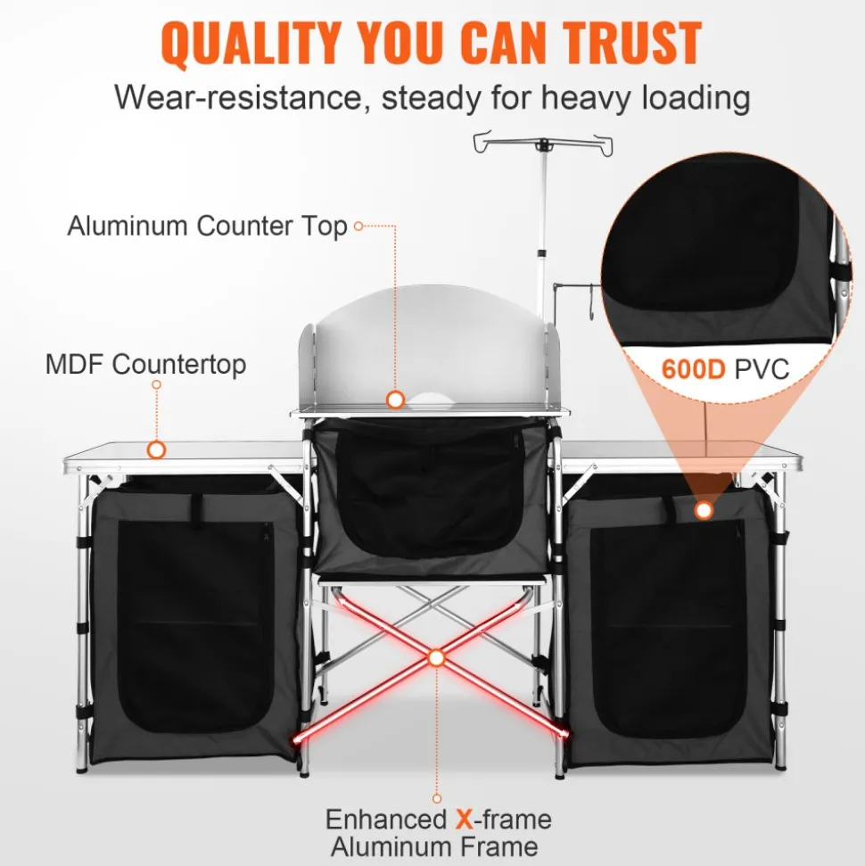 VEVOR Camping Kitchen Table, Folding Outdoor Cooking Table with Storage Carrying Bag, Aluminum Cook Station 3 Cupboard & Detachable Windscreen, Quick Set-up for Picnics, BBQ, RV Traveling, Black