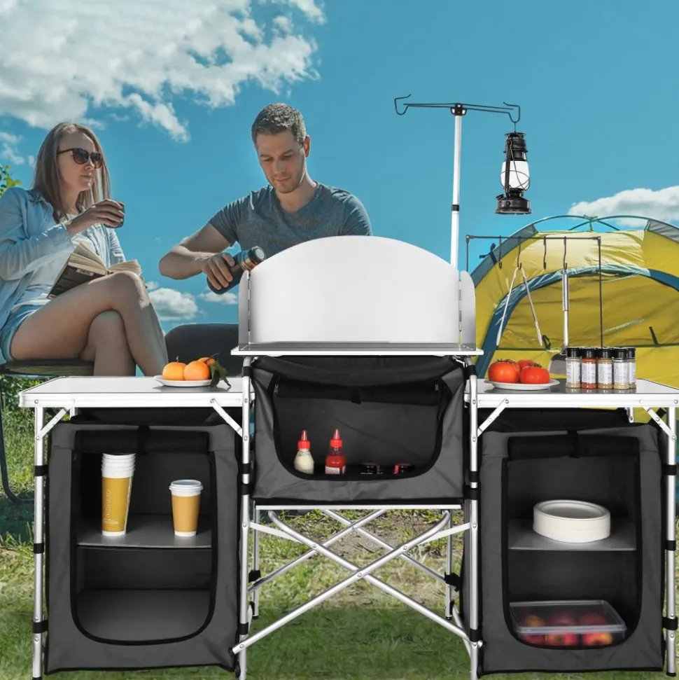 VEVOR Camping Kitchen Table, Folding Outdoor Cooking Table with Storage Carrying Bag, Aluminum Cook Station 3 Cupboard & Detachable Windscreen, Quick Set-up for Picnics, BBQ, RV Traveling, Black