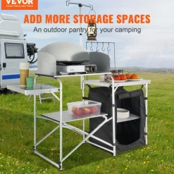 VEVOR Camping Kitchen Table, Folding Outdoor Cooking Table with Storage Carrying Bag, Aluminum Cook Station 1 Cupboard & Detachable Windscreen, Quick Set-up for Picnics, BBQ, RV Traveling, Black