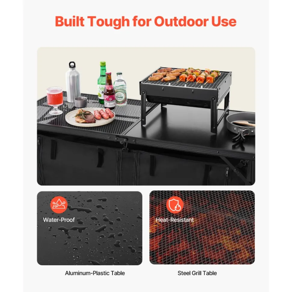 VEVOR Camping Kitchen Table, Folding Outdoor Cooking Table, 3 Adjustable Heights, Aluminum Lightweight Portable Cook Station with Storage Organizer, Carry Handle, for BBQ Party Picnic RV Travel, Black