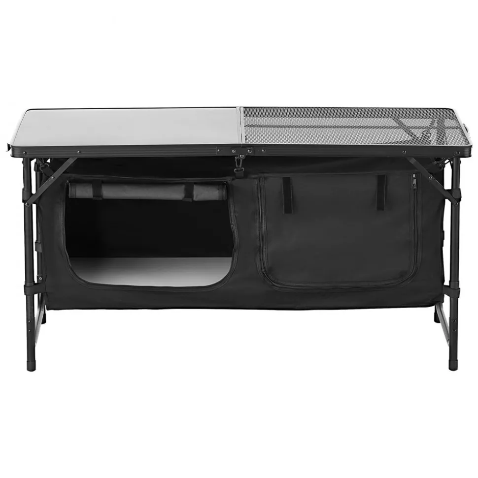 VEVOR Camping Kitchen Table, Folding Outdoor Cooking Table, 3 Adjustable Heights, Aluminum Lightweight Portable Cook Station with Storage Organizer, Carry Handle, for BBQ Party Picnic RV Travel, Black