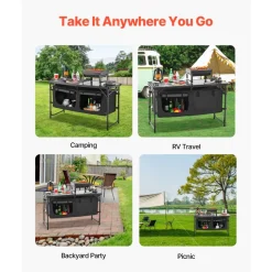 VEVOR Camping Kitchen Table, Folding Outdoor Cooking Table, 3 Adjustable Heights, Aluminum Lightweight Portable Cook Station with Storage Organizer, Carry Handle, for BBQ Party Picnic RV Travel, Black