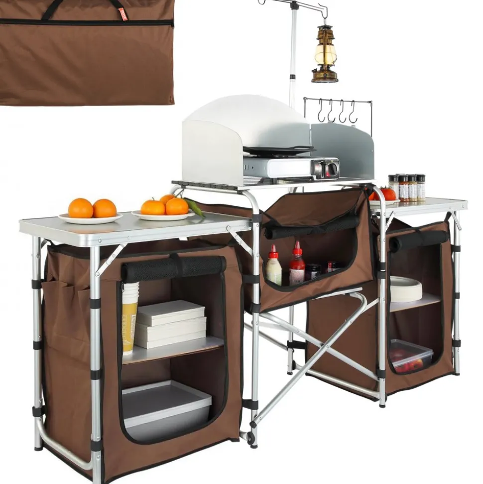 VEVOR Camping Kitchen Table, Folding Outdoor Cooking Table with Storage Carrying Bag, Aluminum Cook Station 3 Cupboard & Detachable Windscreen, Quick Set-up for Picnics, BBQ, RV Traveling, Brown