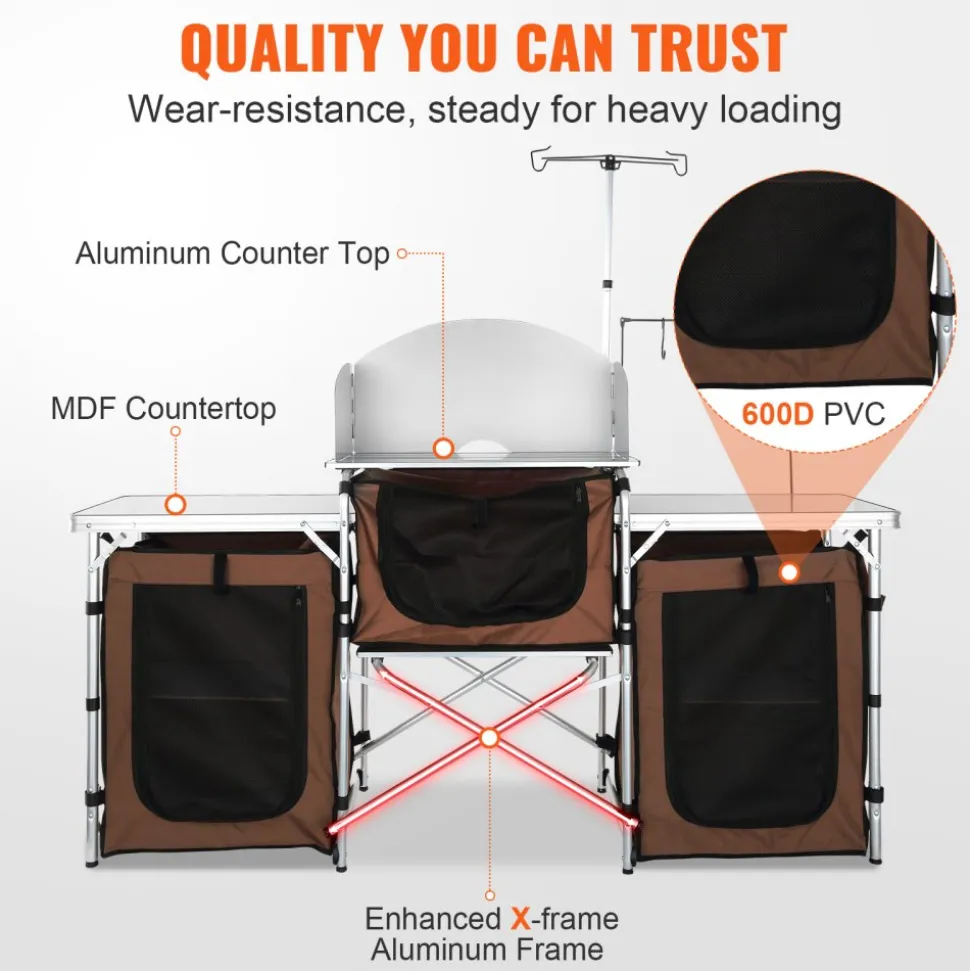 VEVOR Camping Kitchen Table, Folding Outdoor Cooking Table with Storage Carrying Bag, Aluminum Cook Station 3 Cupboard & Detachable Windscreen, Quick Set-up for Picnics, BBQ, RV Traveling, Brown