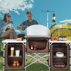 VEVOR Camping Kitchen Table, Folding Outdoor Cooking Table with Storage Carrying Bag, Aluminum Cook Station 3 Cupboard & Detachable Windscreen, Quick Set-up for Picnics, BBQ, RV Traveling, Brown