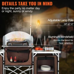 VEVOR Camping Kitchen Table, Folding Outdoor Cooking Table with Storage Carrying Bag, Aluminum Cook Station 3 Cupboard & Detachable Windscreen, Quick Set-up for Picnics, BBQ, RV Traveling, Brown