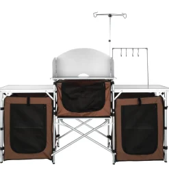 VEVOR Camping Kitchen Table, Folding Outdoor Cooking Table with Storage Carrying Bag, Aluminum Cook Station 3 Cupboard & Detachable Windscreen, Quick Set-up for Picnics, BBQ, RV Traveling, Brown