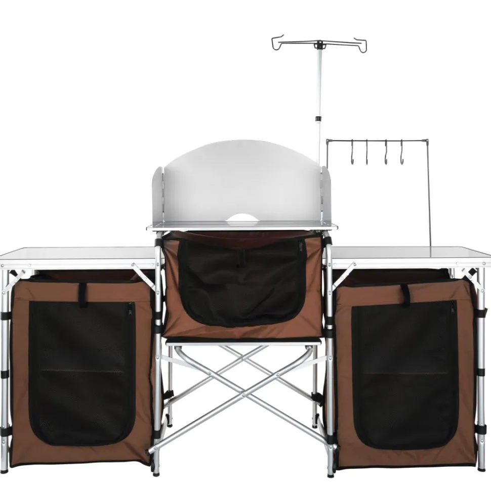 VEVOR Camping Kitchen Table, Folding Outdoor Cooking Table with Storage Carrying Bag, Aluminum Cook Station 3 Cupboard & Detachable Windscreen, Quick Set-up for Picnics, BBQ, RV Traveling, Brown
