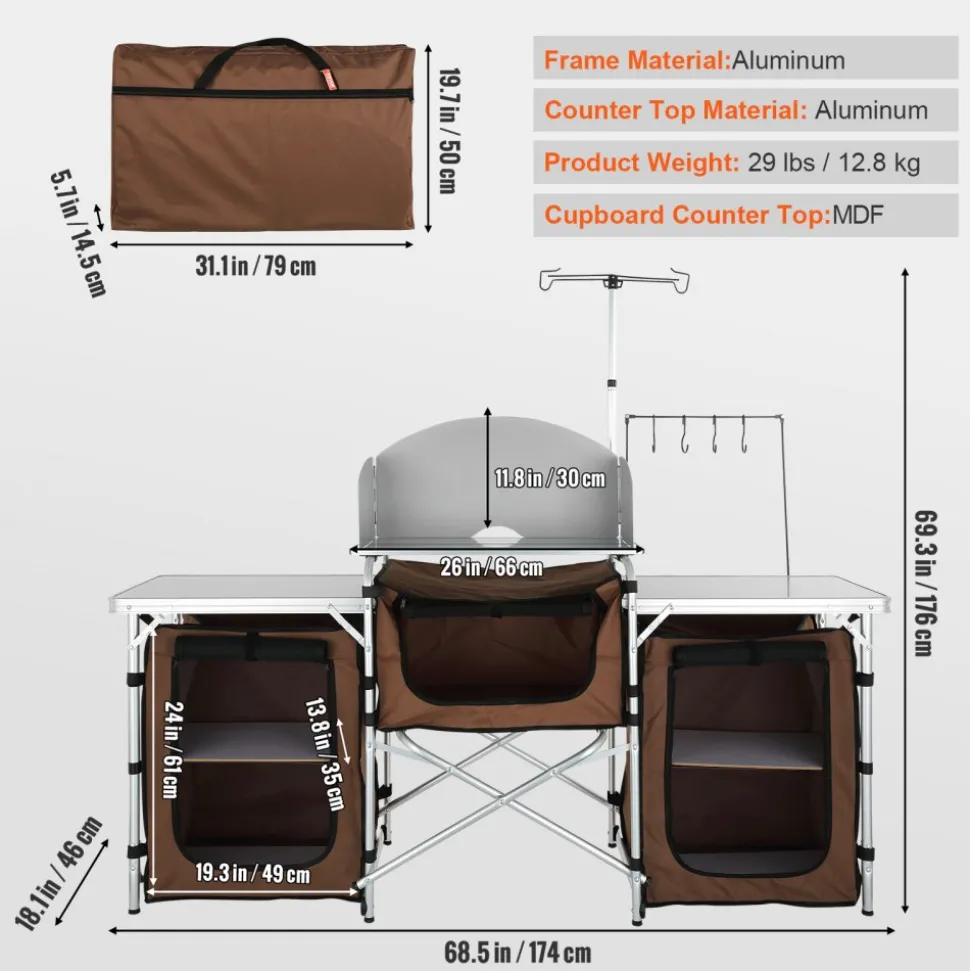 VEVOR Camping Kitchen Table, Folding Outdoor Cooking Table with Storage Carrying Bag, Aluminum Cook Station 3 Cupboard & Detachable Windscreen, Quick Set-up for Picnics, BBQ, RV Traveling, Brown