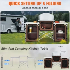 VEVOR Camping Kitchen Table, Folding Outdoor Cooking Table with Storage Carrying Bag, Aluminum Cook Station 3 Cupboard & Detachable Windscreen, Quick Set-up for Picnics, BBQ, RV Traveling, Brown