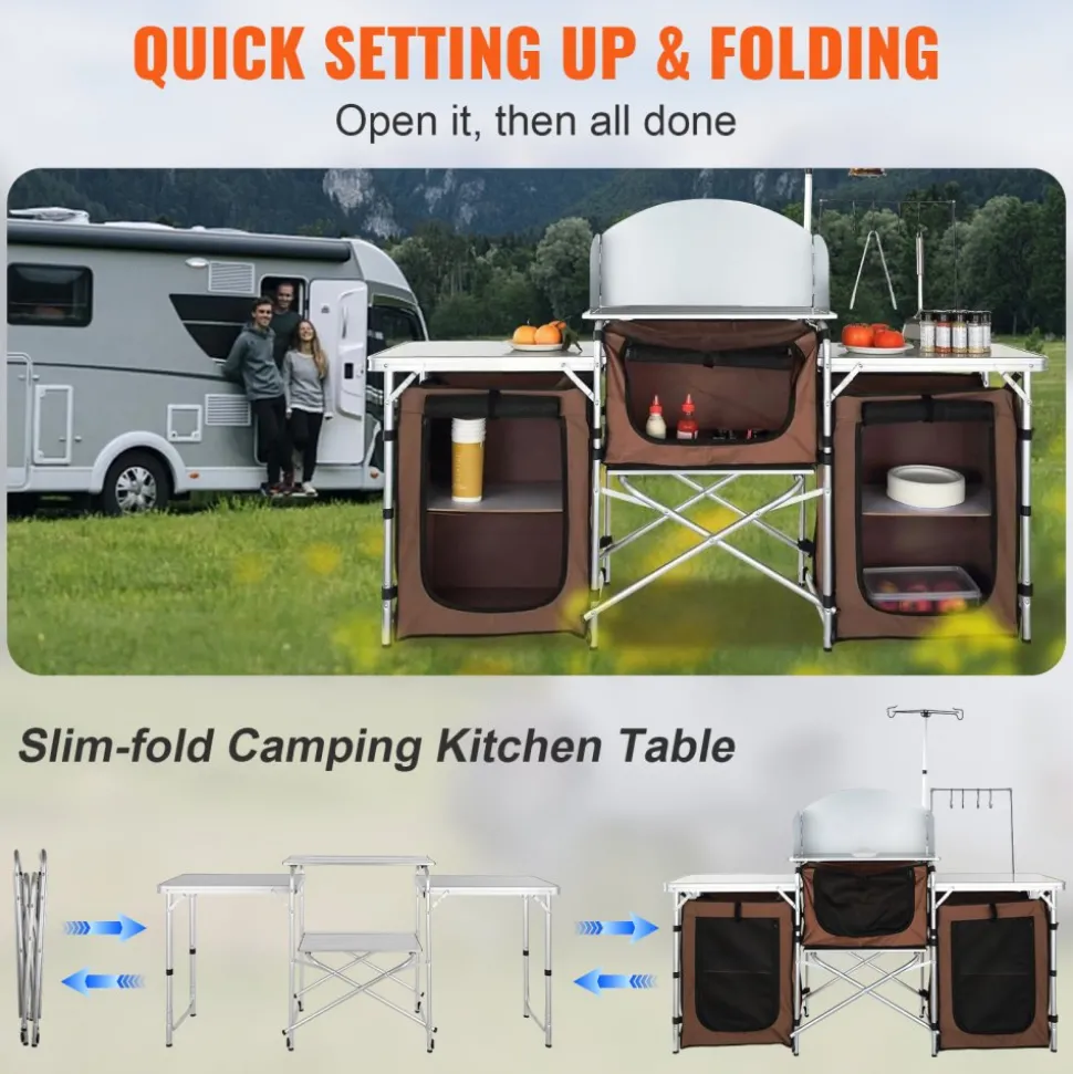 VEVOR Camping Kitchen Table, Folding Outdoor Cooking Table with Storage Carrying Bag, Aluminum Cook Station 3 Cupboard & Detachable Windscreen, Quick Set-up for Picnics, BBQ, RV Traveling, Brown
