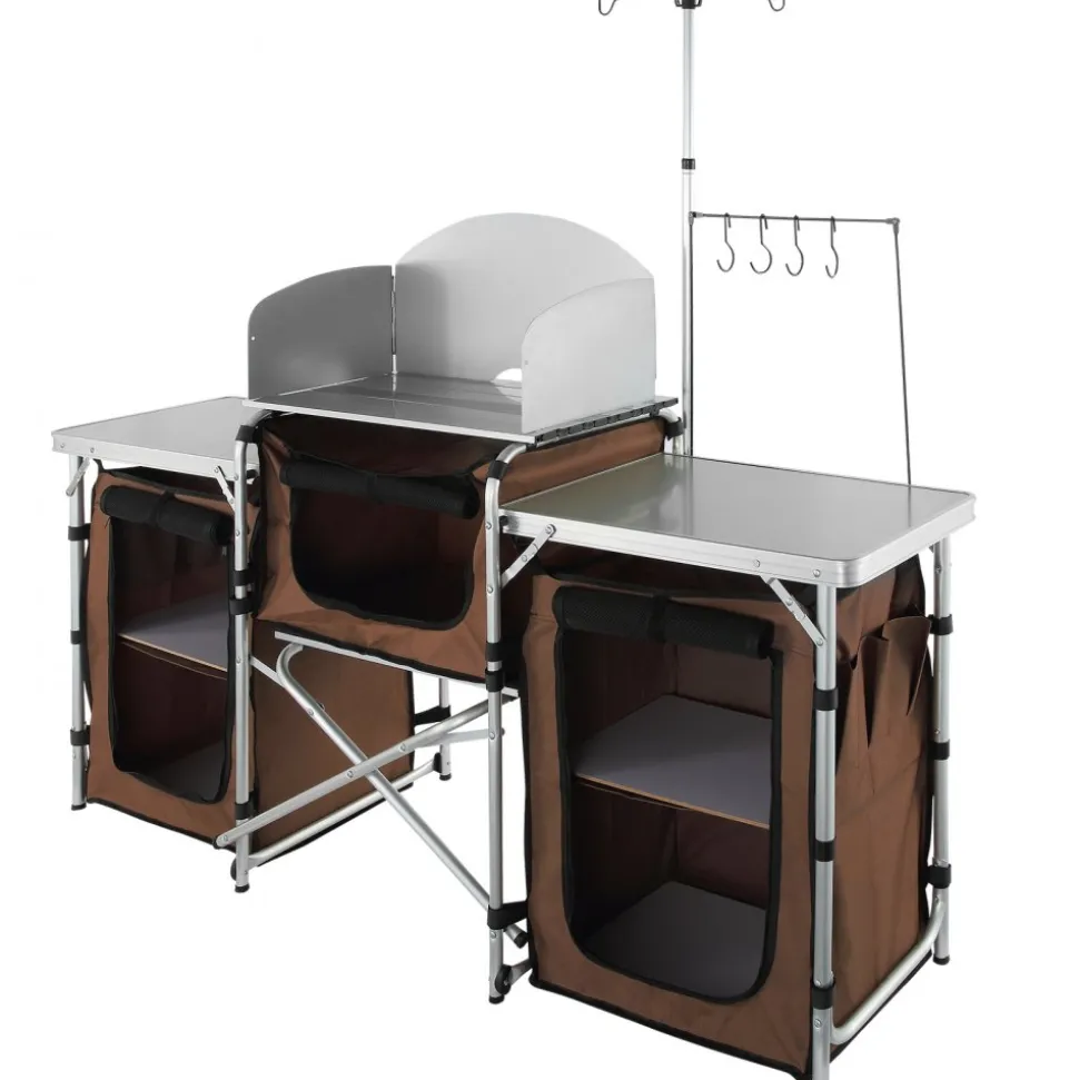VEVOR Camping Kitchen Table, Folding Outdoor Cooking Table with Storage Carrying Bag, Aluminum Cook Station 3 Cupboard & Detachable Windscreen, Quick Set-up for Picnics, BBQ, RV Traveling, Brown