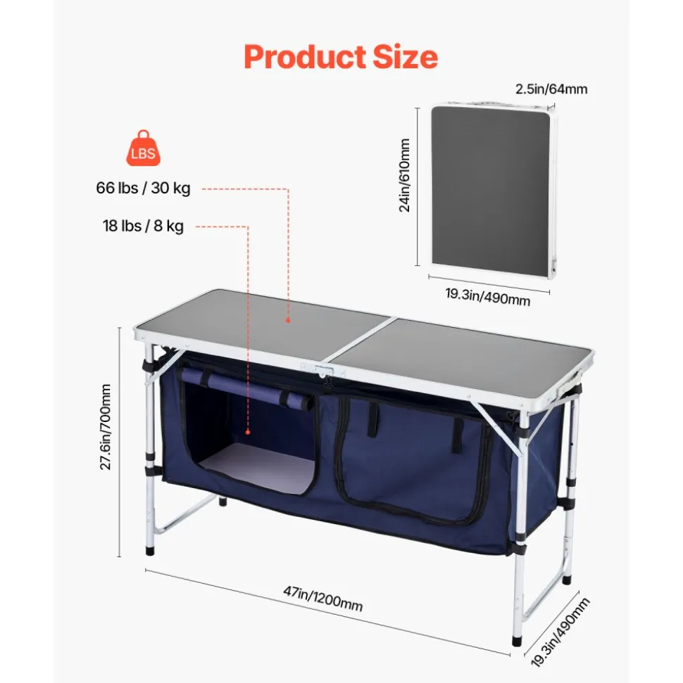 VEVOR Camping Kitchen Table, Folding Outdoor Cooking Table, 3 Adjustable Height, Aluminum Lightweight Portable Cook Station with Storage Organizer, Carry Handle, for BBQ Party Picnic RV Travel, Blue