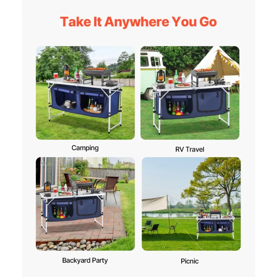 VEVOR Camping Kitchen Table, Folding Outdoor Cooking Table, 3 Adjustable Height, Aluminum Lightweight Portable Cook Station with Storage Organizer, Carry Handle, for BBQ Party Picnic RV Travel, Blue