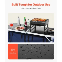 VEVOR Camping Kitchen Table, Folding Outdoor Cooking Table, 3 Adjustable Height, Aluminum Lightweight Portable Cook Station with Storage Organizer, Carry Handle, for BBQ Party Picnic RV Travel, Blue