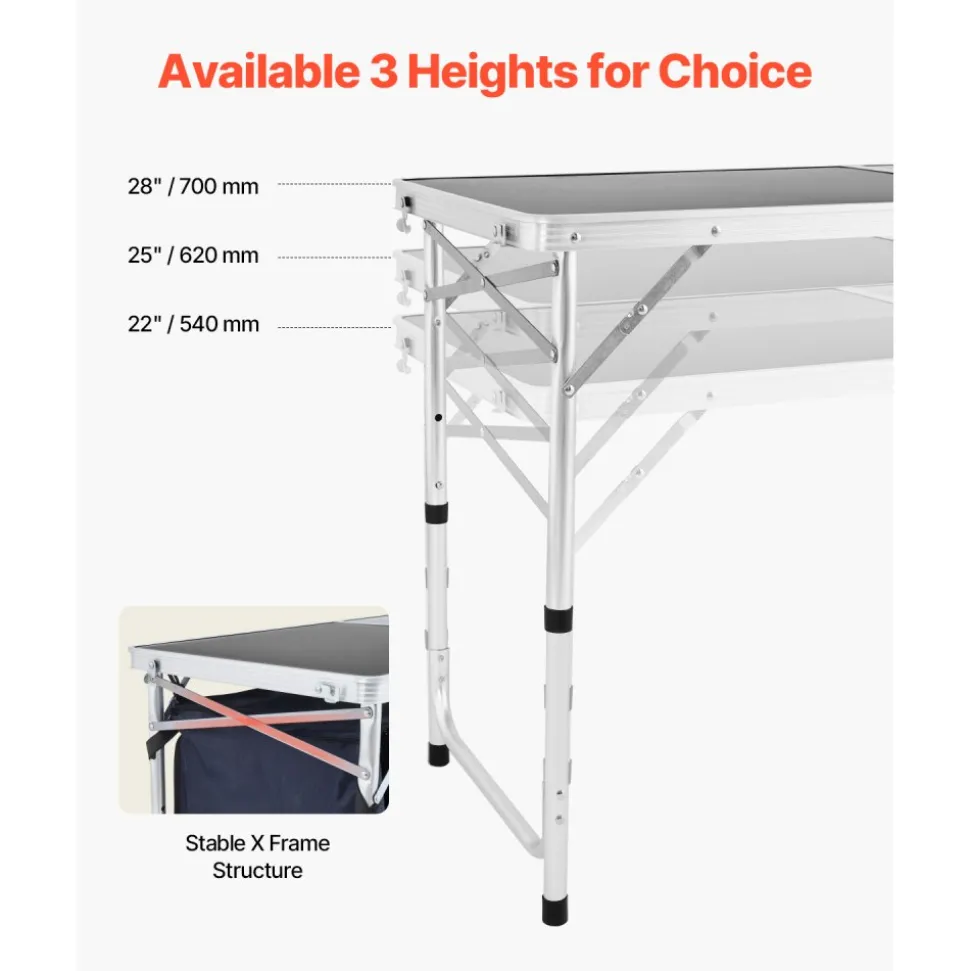 VEVOR Camping Kitchen Table, Folding Outdoor Cooking Table, 3 Adjustable Height, Aluminum Lightweight Portable Cook Station with Storage Organizer, Carry Handle, for BBQ Party Picnic RV Travel, Blue