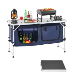 VEVOR Camping Kitchen Table, Folding Outdoor Cooking Table, 3 Adjustable Height, Aluminum Lightweight Portable Cook Station with Storage Organizer, Carry Handle, for BBQ Party Picnic RV Travel, Blue
