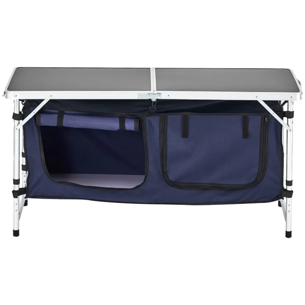 VEVOR Camping Kitchen Table, Folding Outdoor Cooking Table, 3 Adjustable Height, Aluminum Lightweight Portable Cook Station with Storage Organizer, Carry Handle, for BBQ Party Picnic RV Travel, Blue