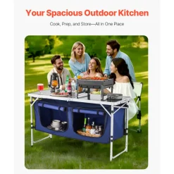 VEVOR Camping Kitchen Table, Folding Outdoor Cooking Table, 3 Adjustable Height, Aluminum Lightweight Portable Cook Station with Storage Organizer, Carry Handle, for BBQ Party Picnic RV Travel, Blue