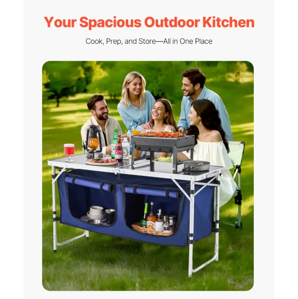 VEVOR Camping Kitchen Table, Folding Outdoor Cooking Table, 3 Adjustable Height, Aluminum Lightweight Portable Cook Station with Storage Organizer, Carry Handle, for BBQ Party Picnic RV Travel, Blue