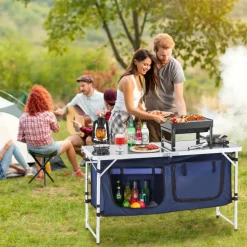 VEVOR Camping Kitchen Table, Folding Outdoor Cooking Table, 3 Adjustable Height, Aluminum Lightweight Portable Cook Station with Storage Organizer, Carry Handle, for BBQ Party Picnic RV Travel, Blue