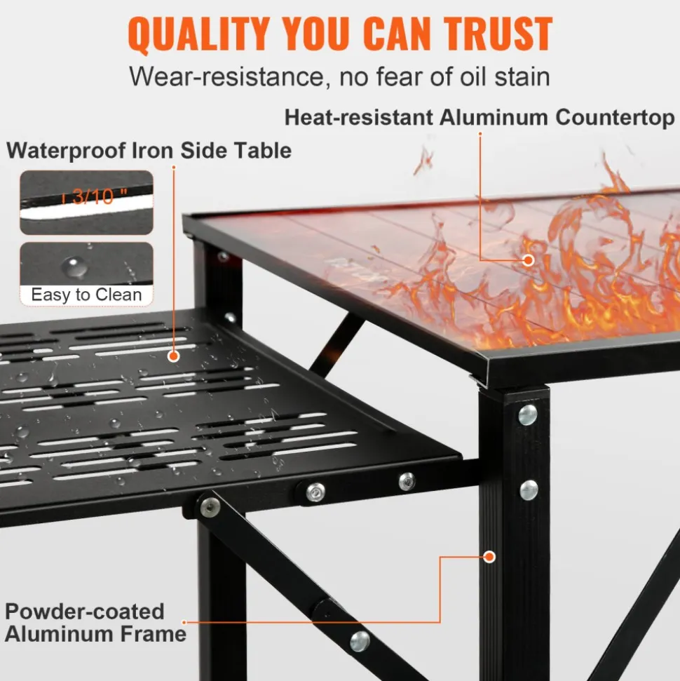 VEVOR Camping Kitchen Table, One-piece Folding Portable Cook Station with A Carrying Bag, Long Aluminum Camping Table 3 Side Tables, 2 Shelves & A Detachable Sink for Outdoor Picnics, BBQs, Camping