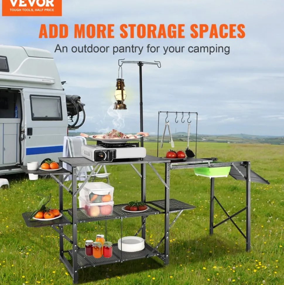 VEVOR Camping Kitchen Table, One-piece Folding Portable Cook Station with A Carrying Bag, Long Aluminum Camping Table 3 Side Tables, 2 Shelves & A Detachable Sink for Outdoor Picnics, BBQs, Camping