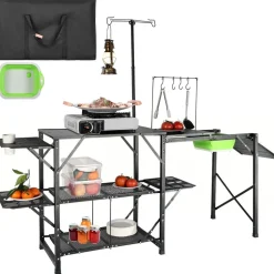 VEVOR Camping Kitchen Table, One-piece Folding Portable Cook Station with A Carrying Bag, Long Aluminum Camping Table 3 Side Tables, 2 Shelves & A Detachable Sink for Outdoor Picnics, BBQs, Camping