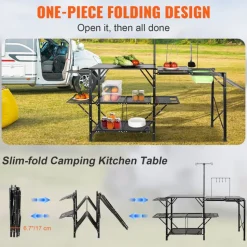 VEVOR Camping Kitchen Table, One-piece Folding Portable Cook Station with A Carrying Bag, Long Aluminum Camping Table 3 Side Tables, 2 Shelves & A Detachable Sink for Outdoor Picnics, BBQs, Camping