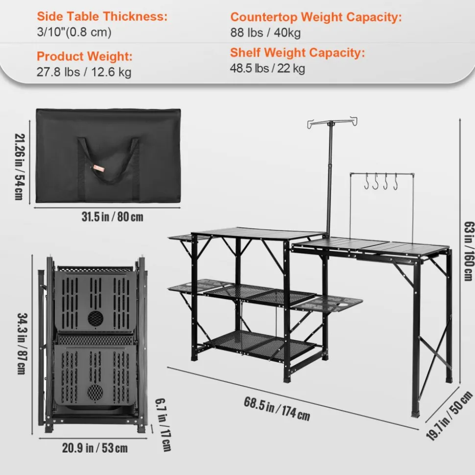 VEVOR Camping Kitchen Table, One-piece Folding Portable Cook Station with A Carrying Bag, Long Aluminum Camping Table 3 Side Tables, 2 Shelves & A Detachable Sink for Outdoor Picnics, BBQs, Camping