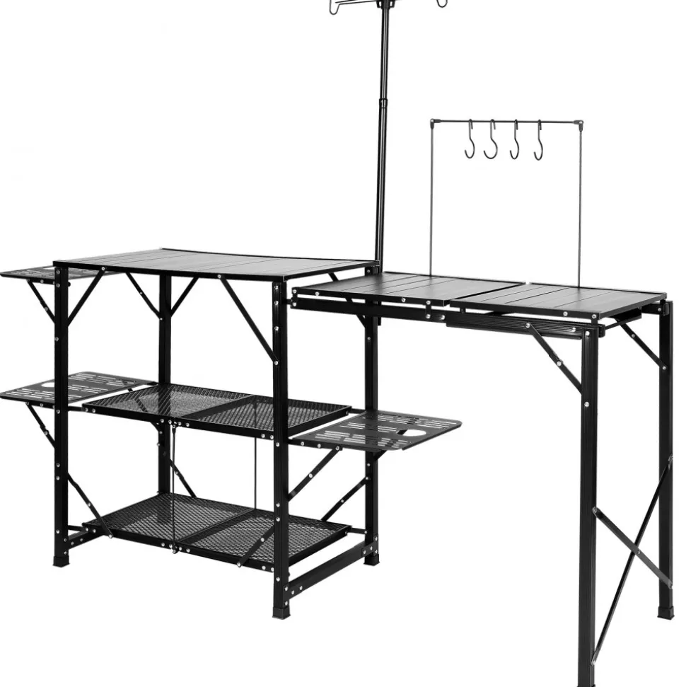 VEVOR Camping Kitchen Table, One-piece Folding Portable Cook Station with A Carrying Bag, Long Aluminum Camping Table 3 Side Tables, 2 Shelves & A Detachable Sink for Outdoor Picnics, BBQs, Camping