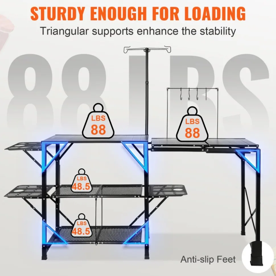 VEVOR Camping Kitchen Table, One-piece Folding Portable Cook Station with A Carrying Bag, Long Aluminum Camping Table 3 Side Tables, 2 Shelves & A Detachable Sink for Outdoor Picnics, BBQs, Camping