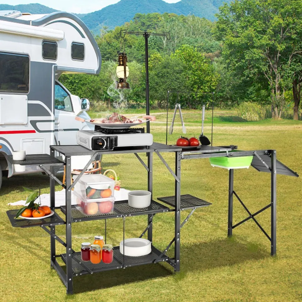 VEVOR Camping Kitchen Table, One-piece Folding Portable Cook Station with A Carrying Bag, Long Aluminum Camping Table 3 Side Tables, 2 Shelves & A Detachable Sink for Outdoor Picnics, BBQs, Camping