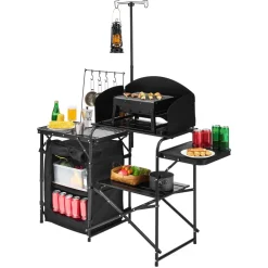VEVOR Camping Kitchen Table, Outdoor Camp Cooking Table, Aluminum Portable Cook Station with Storage Cupboard, Carrying Bag, Detachable Windscreen, Quick Set-up for BBQ Party Picnic RV Travel, Black