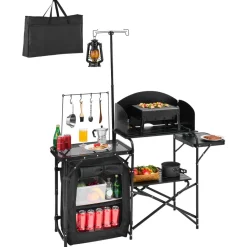 VEVOR Camping Kitchen Table, Outdoor Camp Cooking Table, Aluminum Portable Cook Station with Storage Cupboard, Carrying Bag, Detachable Windscreen, Quick Set-up for BBQ Party Picnic RV Travel, Black
